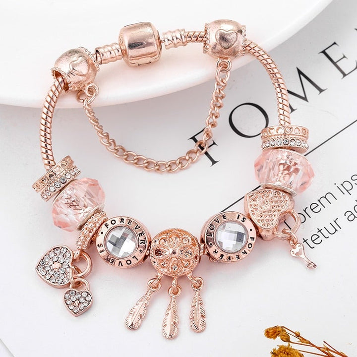 Rose Dreamcatcher Armband met Charms in Sterling Zilver - Rosa