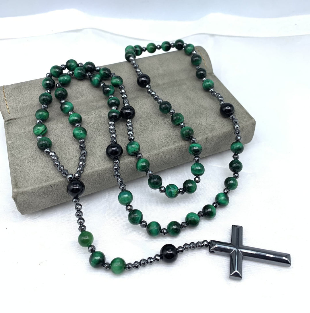 Tijgeroog en Lapis Lazuli Kruis Rozenkrans Halsketting voor Mannen - Orion