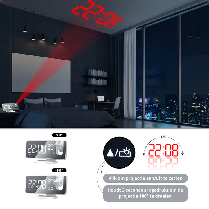 Lunero Eindhoven™ Astronatic™ | De Beste Alarmklok met LED Scherm - 180° Projector - USB lader